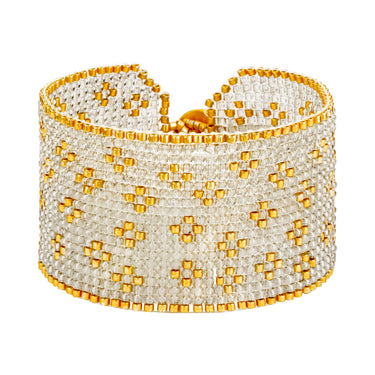 Brazalete Telar Dorado Grueso Miniflor Gris Traslucido